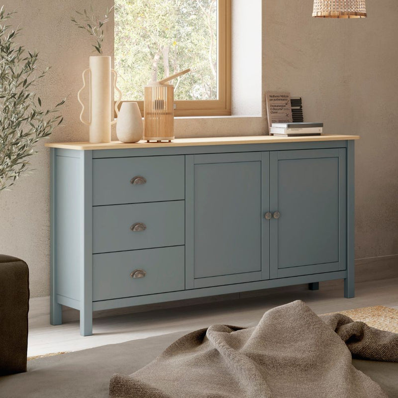 Credenza Misti 2 ante e 3 cassetti in legno massiccio verde khaki e rovere