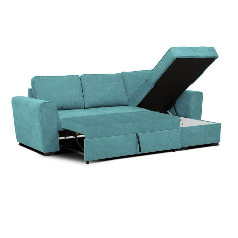 Divano letto corner reversibile Aston con contenitore in tessuto C1702 turchese