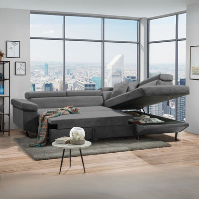 Divano letto Denver con penisola contenitore destra in Degas 92 grigio
