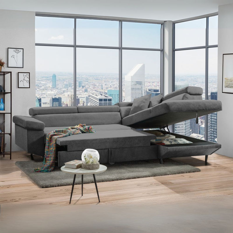 Divano letto Denver con penisola contenitore destra in Degas 92 grigio