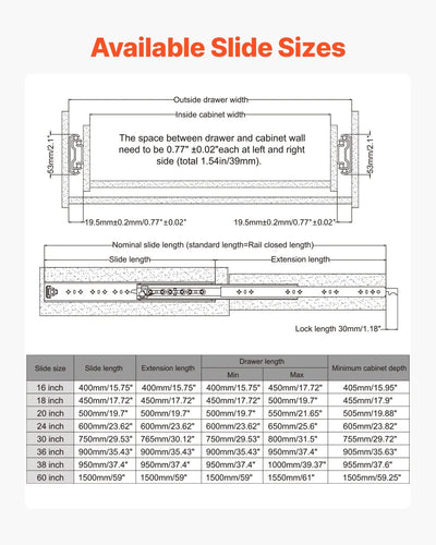 Coppia Guide per Cassetti con Chiusura e Cuscinetti 630 x 53 x 19,5 mm