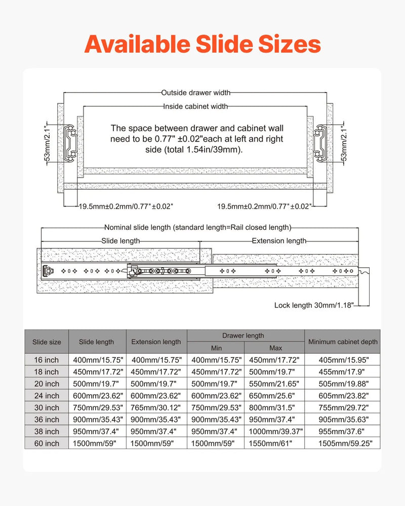 Coppia Guide per Cassetti con Chiusura e Cuscinetti 630 x 53 x 19,5 mm