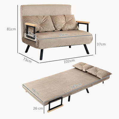 Divano Letto 3 in 1 in Tessuto Effetto Velluto con Schienale Regolabile e 2 Cuscini, 102x73x81 cm, Marrone Chiaro