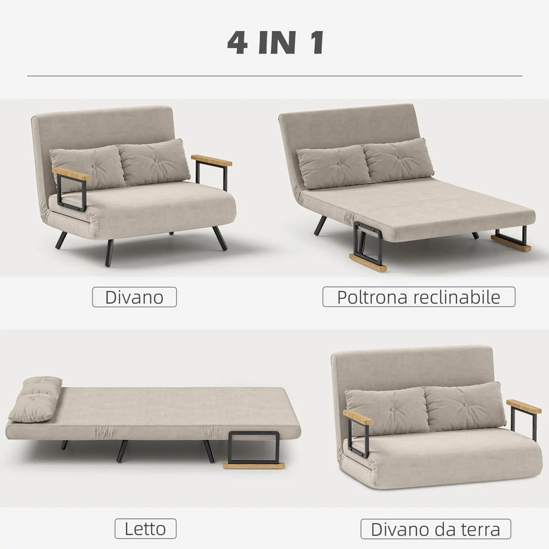 Divano Letto 3 in 1 in Tessuto Effetto Velluto con Schienale Regolabile e 2 Cuscini, 102x73x81 cm, Bianco Crema